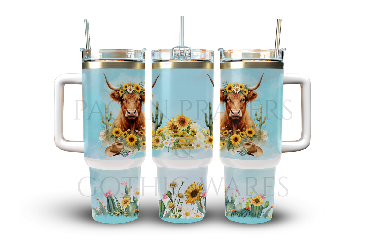 40oz Light Blue Cow & Cactus Tumbler 🌙